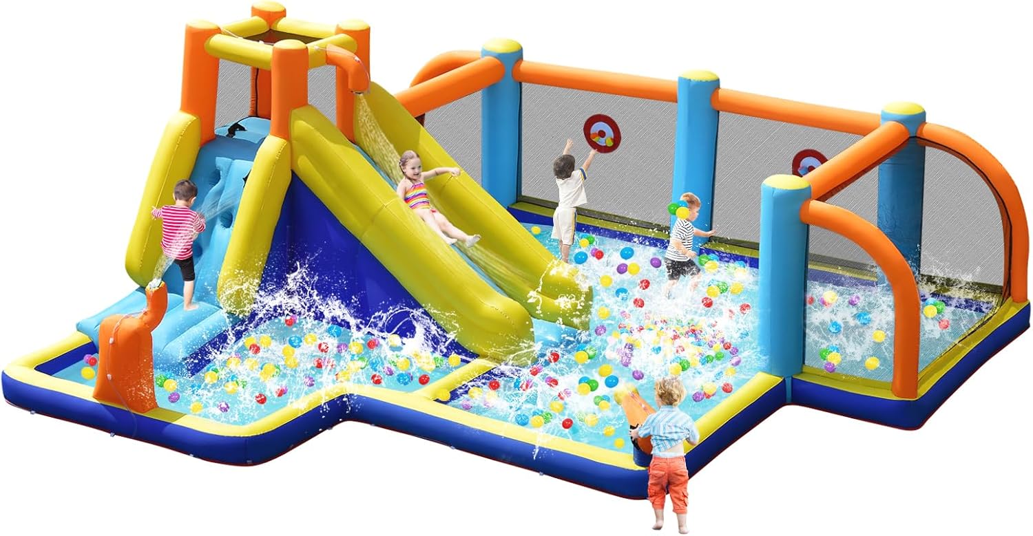 Kids Outdoor Bounce House - Tobogã Inflável Gigante com Gols de