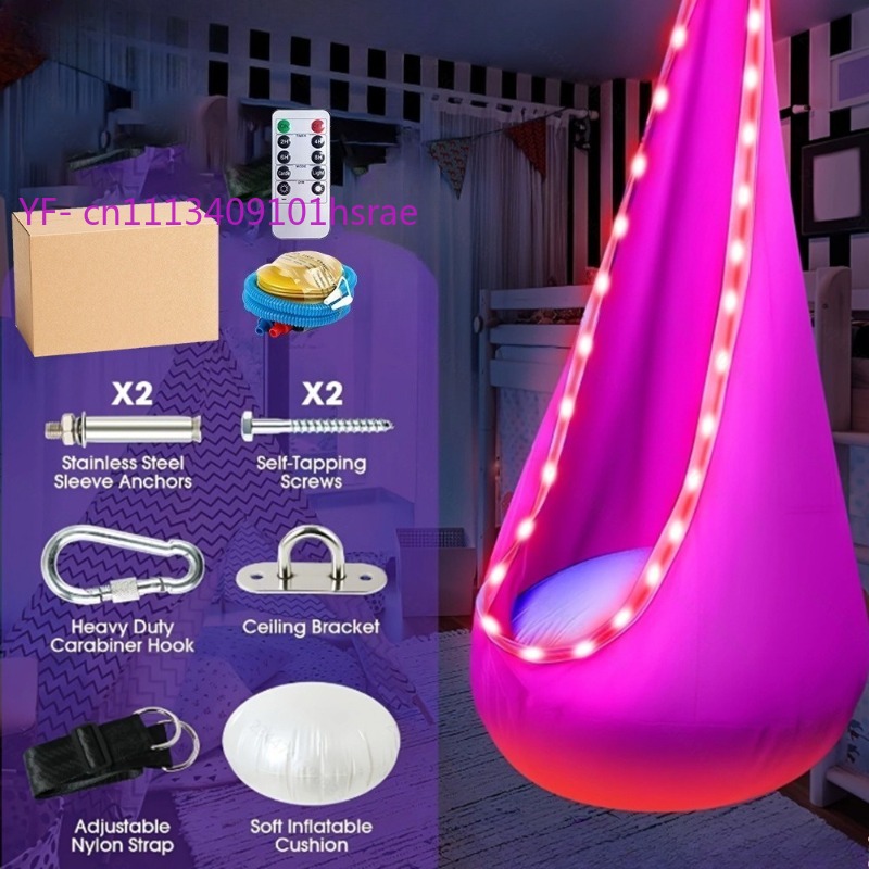 Kids Outdoor Swing Chair - Cadeira Suspensa Inflável LED Brilhante, Portátil,